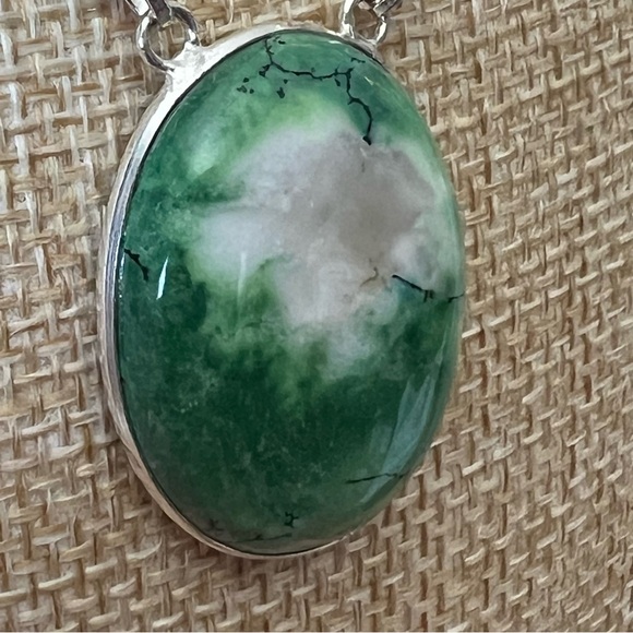 New Green Dendritic Opal Stone w Mosaic Jasper Silver Overlay Necklace 17” - Picture 11 of 13